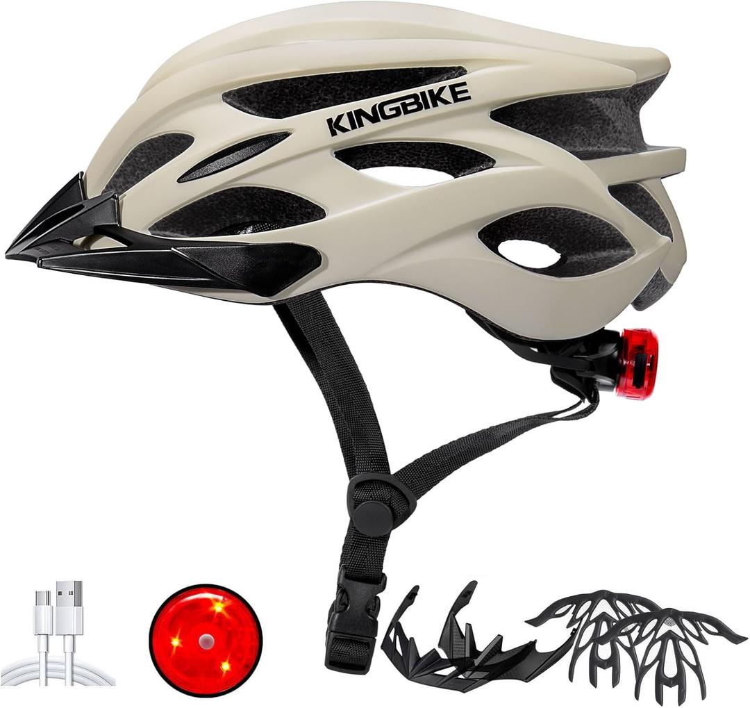 KINGBIKE Bike Helmet with USB Rechargeable Light & Replacement Pads & Visor, Cream, L(57-60CM)