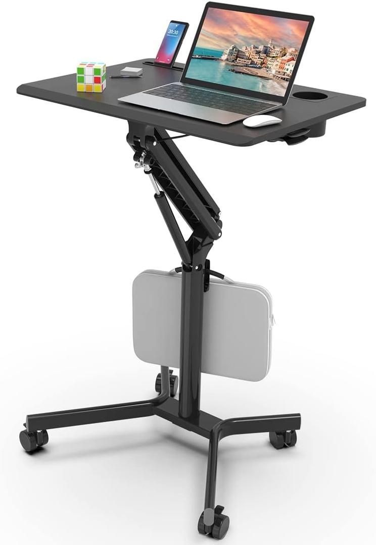 JOY Worker Standing Desk, 28" Small Height Adjustable Rolling Laptop Desk, Portable Sit-Stand with Lockable Wheels, Ergonomic Desktop Table for Home Office, Black