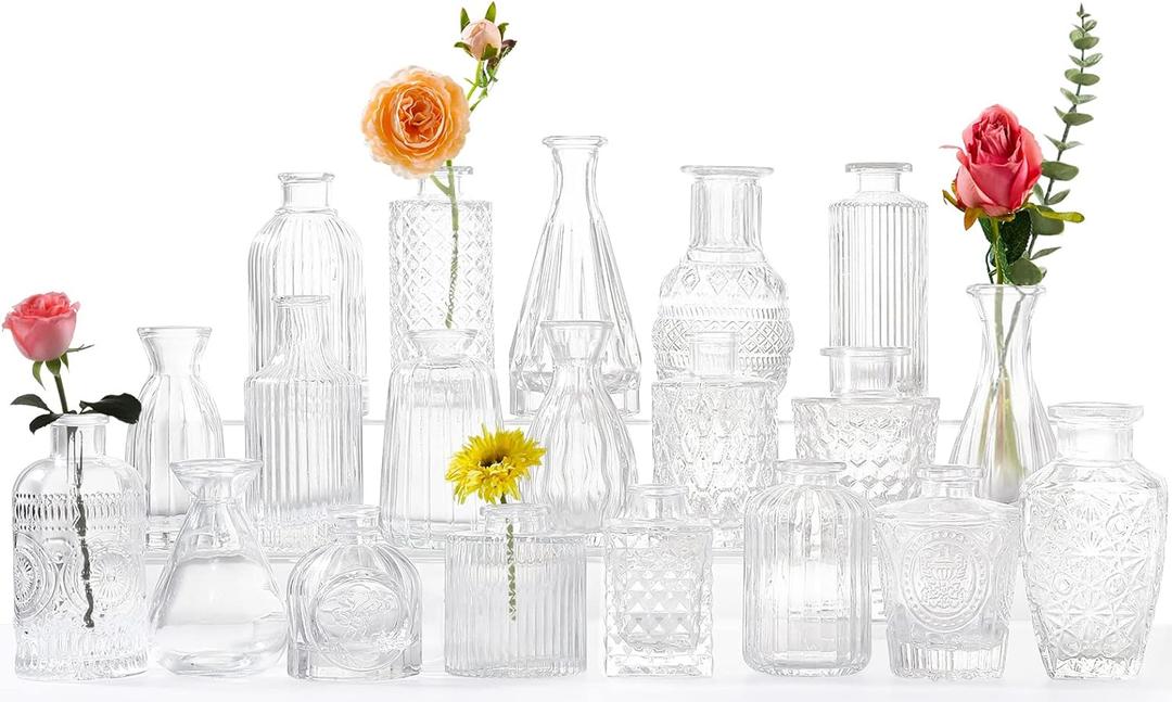 Glass Bud Vases -Set of 18 for Flowers, Small Clear Bud Vases in Bulk for Centerpieces Home Decor, Mini Glass Assorted for Rustic Wedding Floral Arrangements Home Table Decorations (20 Transparent Colors)