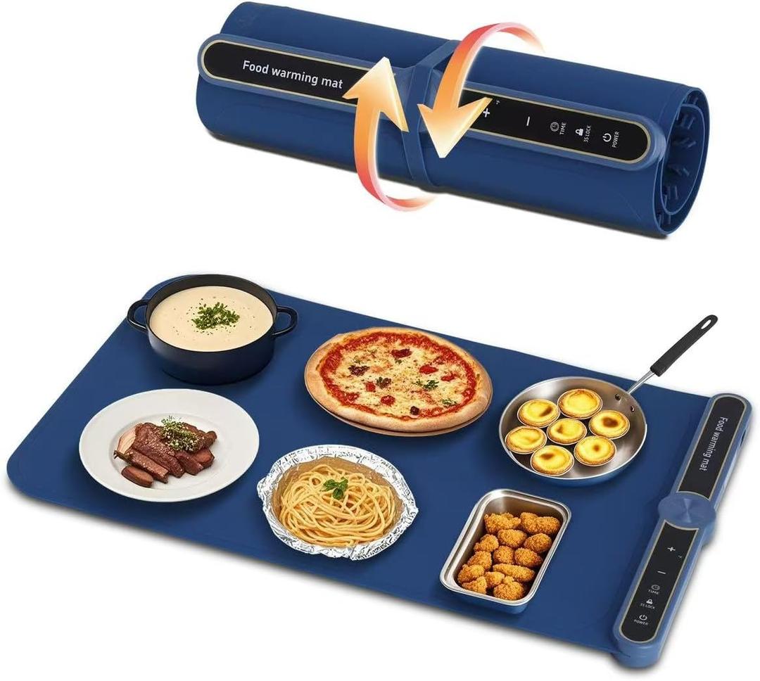 Food Warming Mat - Fast Heating Silicone Electric Warming Tray with 9 Level Temperature, Raised Feet Protects Table, Roll Up Buffet Hot Plates Heat Pad, Portable Food Warmer for Parties Home Travel (Blue)