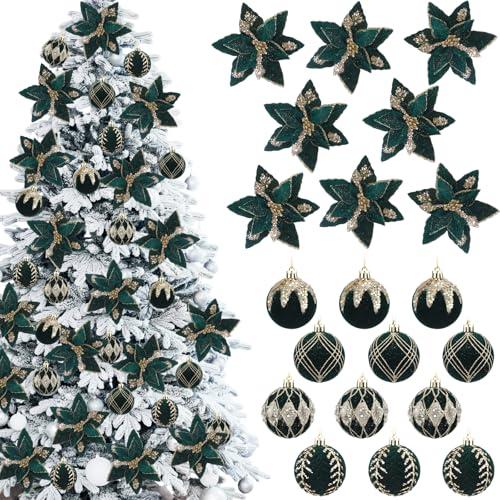 Soulchen 20 Pcs Christmas Velvet Poinsettia Flower Balls Ornaments Set Glitter Artificial Poinsettia Decoration Christmas Tree Ornaments Wreath Garland Decoration (Green)