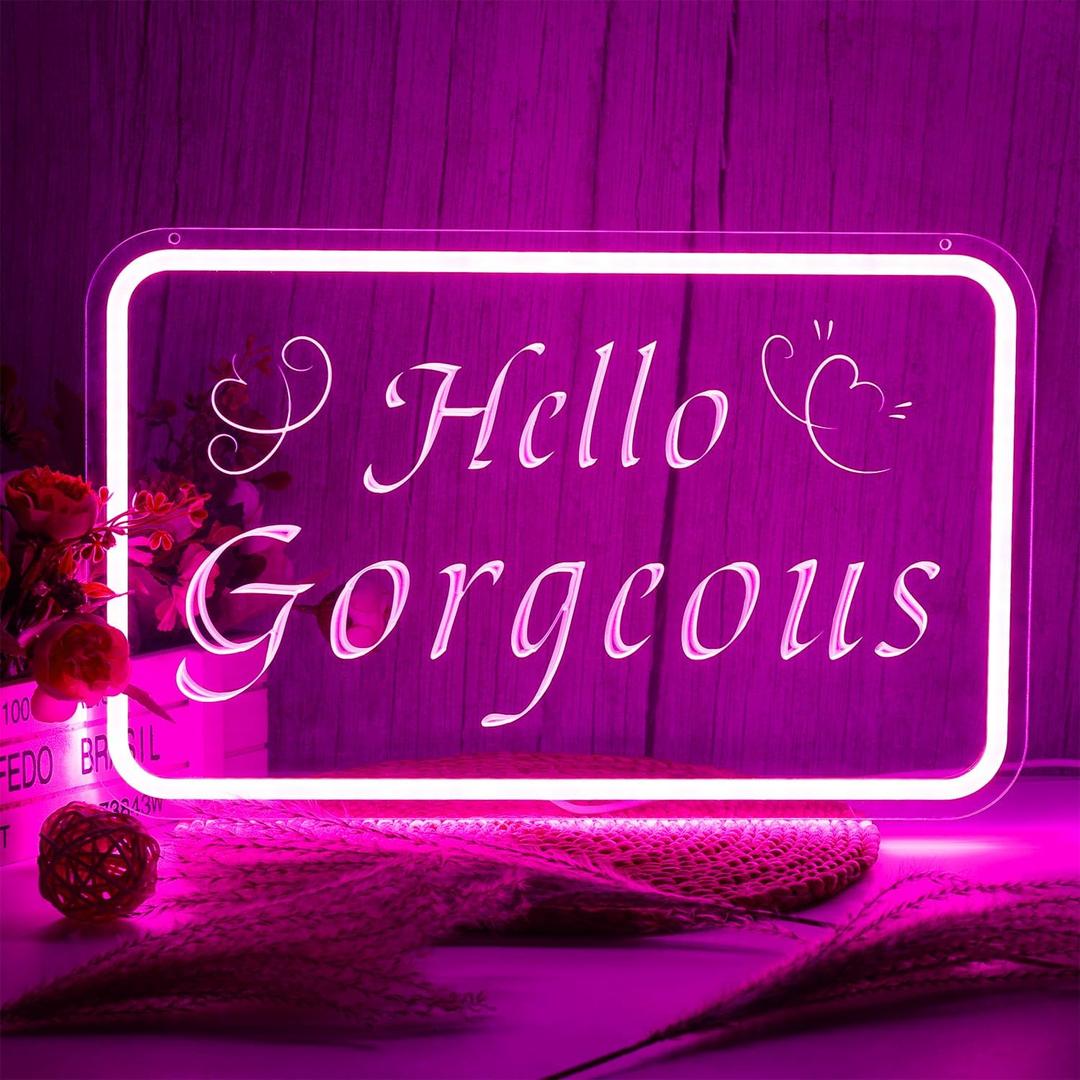 Hello Gorgeous Neon Signs For Wall Decor，Pink Room Decor Aesthetic For Teen Girls，Light Up Sign For Proposal Party 、Wedding Scene、Bachelorette Party、Salon Bar Usb Powered With Dimmable Switch