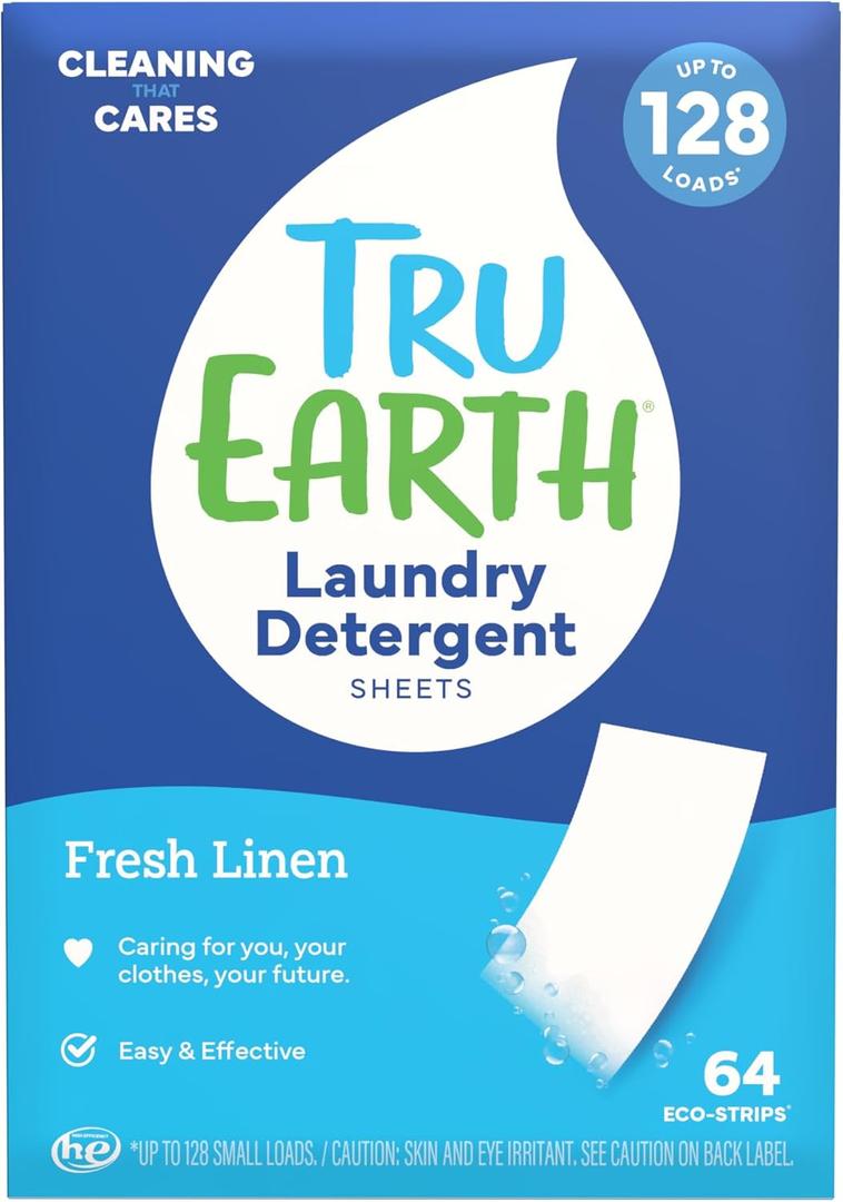 Tru Earth Compact Dry Laundry Detergent - Up to 128 Loads (64 Sheets) - Paraben-Free - Original Eco-Strip Liquidless Detergent, Travel - Fresh Linen 