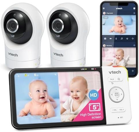 VTech RM5764-2HD 1080p Smart WiFi Remote Access 2 Camera BabyMonitor, 360° Pan & Tilt, 5" 720p HD Display, Night Vision, Soothing Sounds, 2-Way Talk, Temperature & Motion Detection, iOS & Android