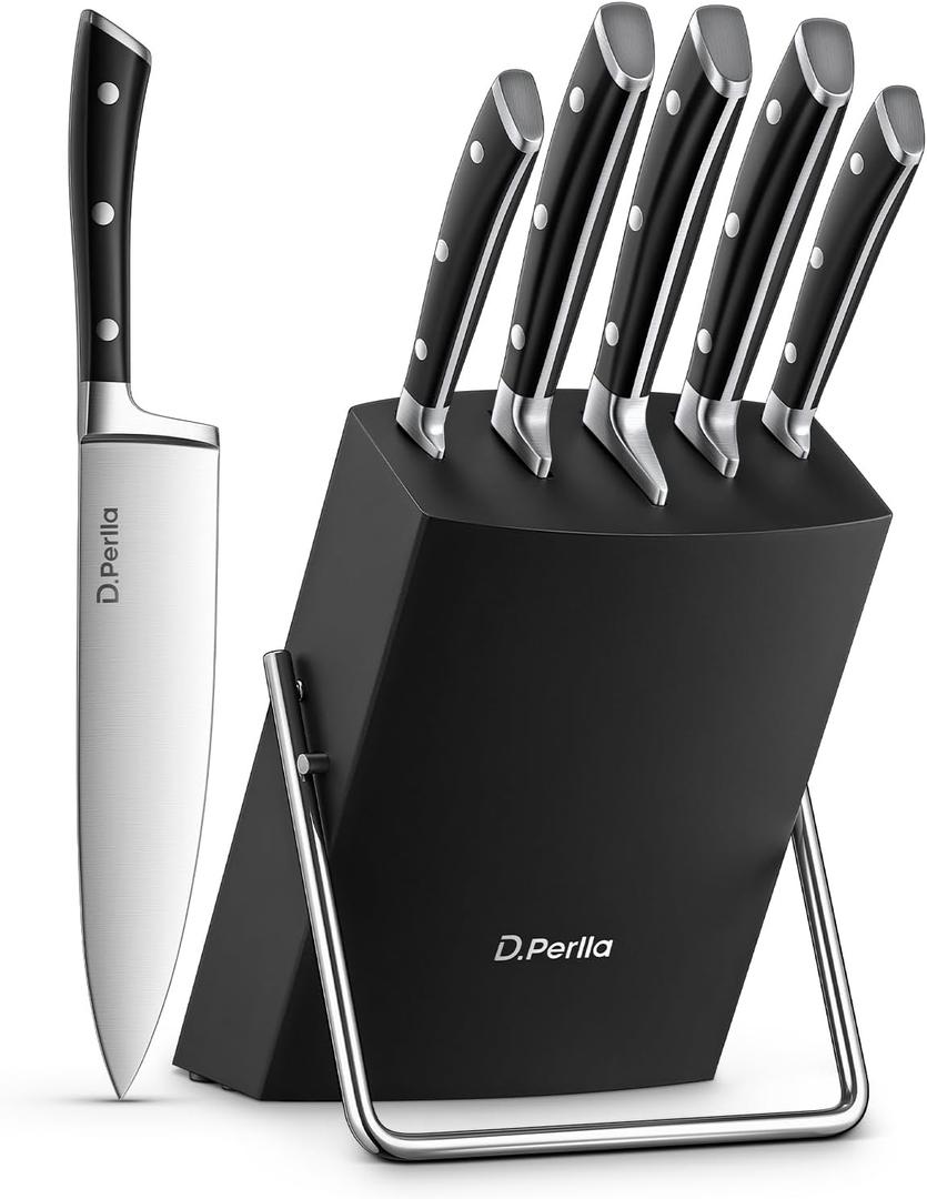 Knife Set, D.Perlla 6 Pieces Small Kitchen Knife Set with Block, German Stainless Steel Knives Set, Sharp Chef Knife Block Set, Black