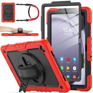 SEYMAC stock Case for Samsung Galaxy Tab A9+ Plus 11'', Full-Body Drop Protection Case with Screen Protector Pencil Holder [360 Rotating Hand Strap] &Stand, Red+Black