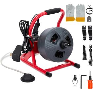 PIONEERWORKS 50Ft x 5/16 Inch Drain Cleaner Machine, Professional Electric Drain Auger for 3/4-3 Inch Pipes, Foot Switch with 6 Cutters, Gloves, Drain Auger Cleaner Sewer Snake - DA04
