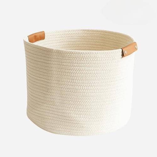 Large Cotton Woven Blanket Basket with PU Leather Handle, Kids Clothes Toys Gifts Organizer, Living Room Basket Bathroom Shower Storage Laundry Basket, White