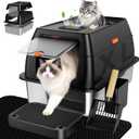 Extra Large Stainless Steel Litter Box with Lid, High Sided Enclosed Metal Cat Litter Pan, Dog Proof Front Entry Top Exit, Odor Control Easy Clean Leak Proof, Includes Mat, Scoop & Step, Black