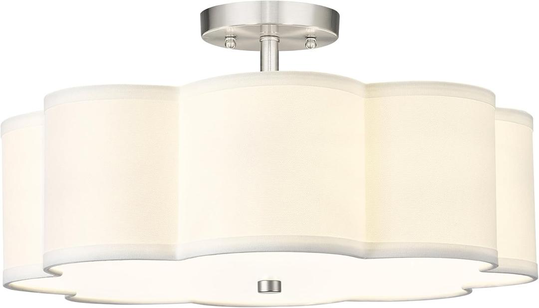 Semi Flush Mount Ceiling Lights, 4-Light 18" Ceiling Light Fixtures with Fabric Shade in Flower Shape, Brushed Nickel Farmhouse Drum Lighting for Nursery Bedroom Kitchen, AD-22009-4SF-SN