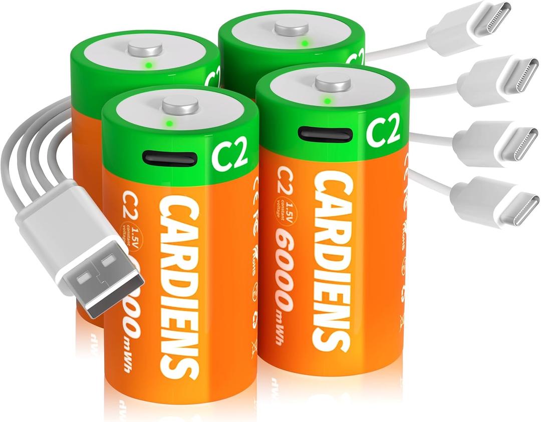 6000mWh Rechargeable C Batteries 4 Pack Lithium C Cell Battery with 4-in-1 USB-C Charging Cable and LED Charge Indicator