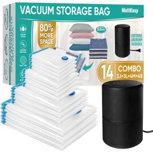 Vacuum Storage Bags with Electric Pump, 14 Pack (3 Jumbo/3 Large/4 Medium/4 Small), Space Saver Bags with Pump, Storage Vacuum Sealed Bags for Clothes, Comforters, Blankets, Bedding