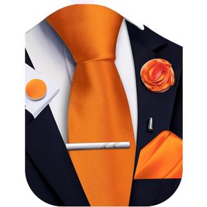 Solid Color Ties for Men Silk Satin Necktie and Pocket Square Cufflinks Tie Clip Lapel Pin Set Wedding Business 5PCS (Orange)