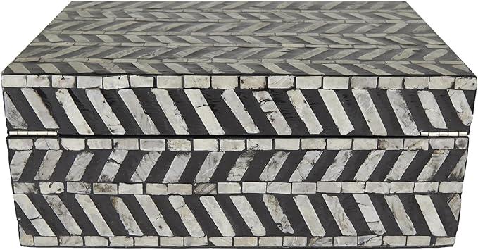 Deco 79 Mother of Pearl Shell Handmade Decorative Box Chevron Pattern Decorative Keepsake Boxes with Hinged Lid, Box 12", 8"W, Gray