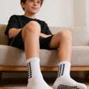 Duufin 6 Pairs Kids Youth Grip Soccer Socks Cushioned Non Slip Athletic Grip Socks for Kids Teens Youth Boys Girls, Black,white, 8-10 Years