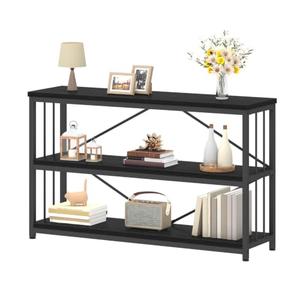 IBF Low Horizontal Book Shelf, Industrial Modern 3 Tier Bookshelf, Farmhouse Short Open Storage Organizer Long Shelf, Simple Wide Wood Metal Sturdy Etagere for Bedroom Living Room, Black Oak, 47 in