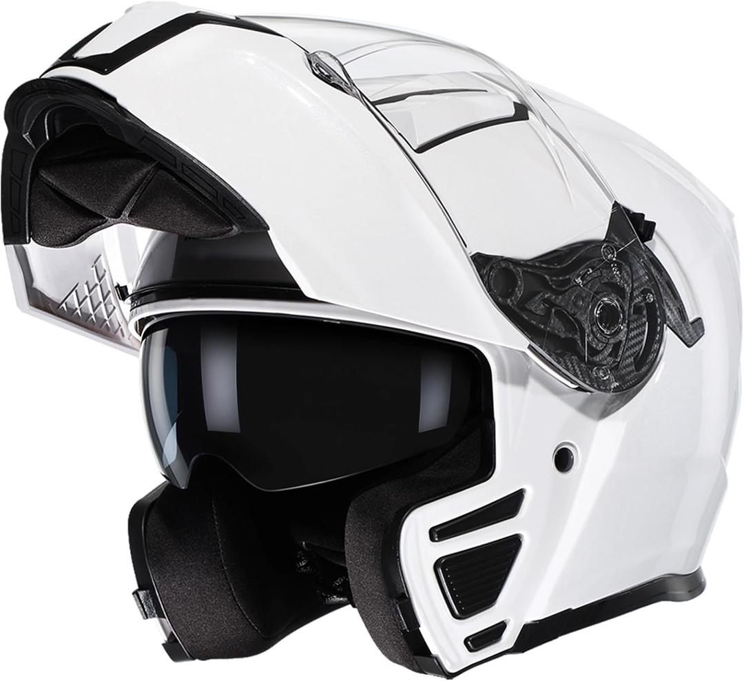 TRIANGLE Modular Motorcycle Helmets for Men Flip Up Full Face Helmet Dual Visor with Internal Sunshield DOT Approved (Medium, Glossy White)