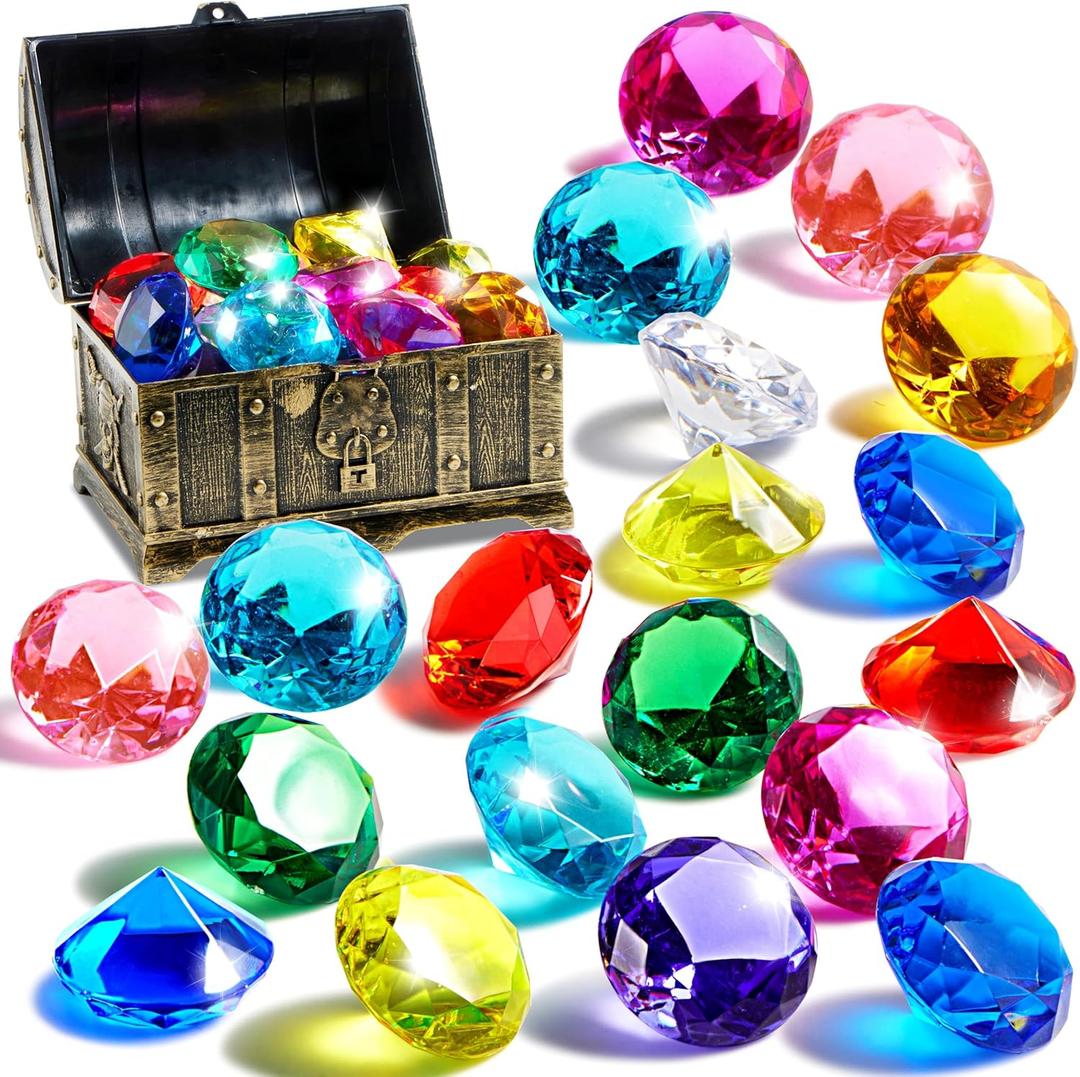 Sloosh Diving Gems Pool Toys, 16 Big Colorful Diamond with Pirate Treasure Chest, Swim Dive Toy for Kids Underwater Gemstone Swimming Training Gift Water Pool Games(Gold)