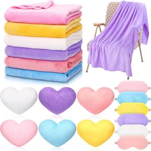 18 Pcs Kids Sleepover Party Supplies Set for Girls Fleece Soft Blankets Fluffy Heart Throw Pillow Plush Sleep Eye Mask for Spa Camping Birthday Favors(Light Color) (12  11inch)