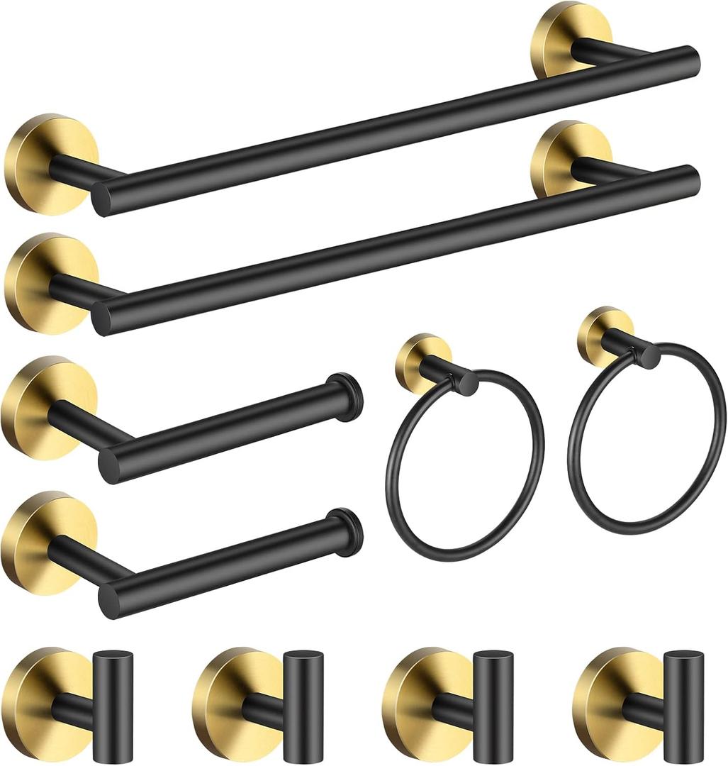 Bathroom Hardware Set Black and GoldTowel Bar Set Including 2pcs 16inch Towel Bars, 2pcs Toilet Paper Holders, 2pcs Towel Rings and 4pcs Robe Towel Hooks