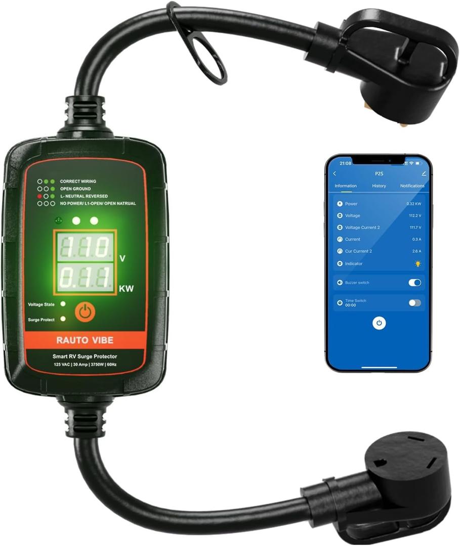 Bluetooth RV Surge Protector 30AMP(Wi-Fi with in-APP) with Smart LED Display, RV Circuit Analyzer Waterproof with High/Low Voltage Protection, RV Adapter Plug for Camper with Voltage Monitoring 6500J