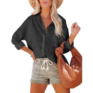 Pausus Women Cotton Linen Button Down Shirts Long Sleeve Office Collared Blouses V Neck Casual Tops Loose Fit with Pocket (Large, Black)