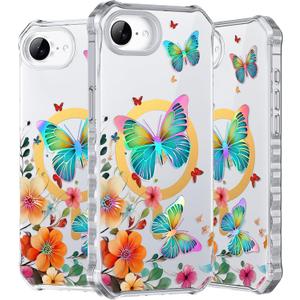 PIXIU Case for iPhone 16E Compatible with Magsafe, Laser Glossy Pattern,Cute Curly Wave Clear TPU Bumper Military Grade Drop tection Phone Cover for Women/Girls -Butterfly/Floral