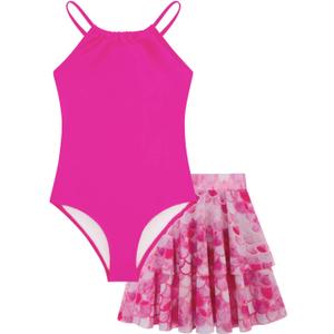 Girls One Piece Swimsuits with Mesh Skirt Tanikini Bathing Suit Swimwear (13-14 Years, Hot Pink)