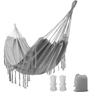 Double Boho Macrame Hammock with Elegant Tassels for Patio, Yard, Beach Wedding Decor, Outdoor and Indoor Up to 450lbs Include Tie Ropes and Drawstring Bag (Grey)