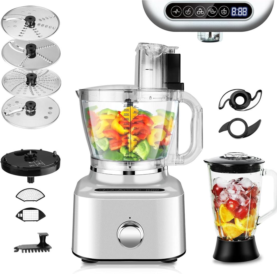 Homtone 16 Cup Food Processor, Aluminum-Diecast Large Food Processor& Blender Combo, 5 Preset Modes & Stepless Speed Control, 8 Blades 11-in-1 for Home Use, 650W, Sliver (Silver)