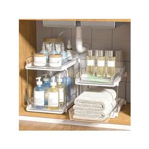 Delamu 2-Tier Under Sink Organizers and Storage, Multi-Purpose Stackable Bathroom Cabinet organizers, Pull Out Kitchen Pantry Organization and Storage with Dividers(2 Pack, Clear)