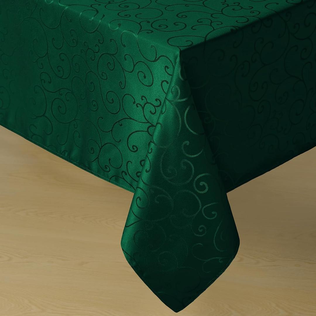 Romanstile Christmas Jacquard Rectangle Tablecloth - Green Waterproof Damask Curly Floral Pattern Decorative Table Cloth, Heavy Weight Fabric Table Cover for Dining/Party/Holiday - 52 x 70 Inch