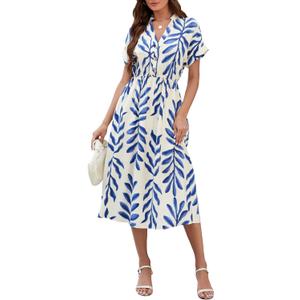 SEAFORM Women's Casual Long Dress V-Neck Retro Floral Print Dresses Elegant Long Fitted Dress for Women with Flowy Hemlines, Small