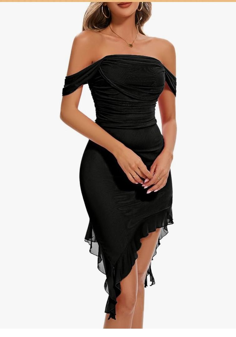 BeryLove Women’s Sexy Off Shoulder Mesh Midi Wedding Guest Dresses Ruched Bodycon Ruffled Cocktail Dress, XL