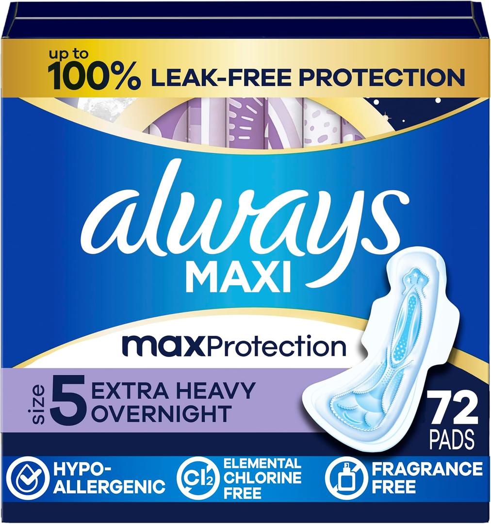 Always Maxi Overnight Pads with Wings, Size 5, Extra Heavy Overnight, Unscented, 72 Count