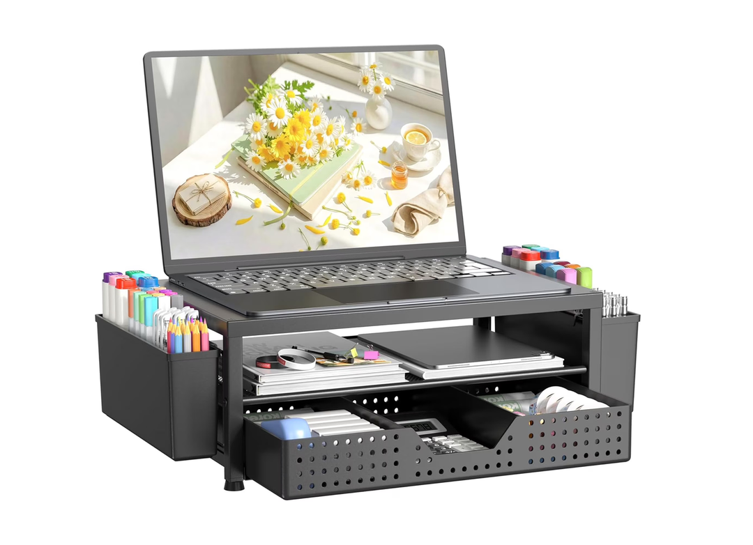 Desk Organizer and Accessories, 2-Tier Computer Monitor Stand Riser with Drawer and 2 Pen Holders, Laptop Stand, Office Desk Accessories for Office Supplies, 1 Pack, Black-Ventilated