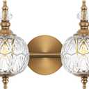 Brushed Antique Brass Bathroom Vanity Light Fixture Vintage Style - 2 Light G9 Bulb Compatible, 17" Wide Bathroom Lighting Over Mirror with Hand-Etched Glass Shades, Easy Mount for Makeup Area