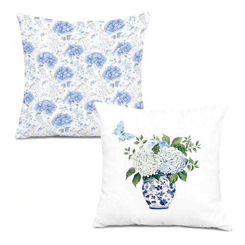 XUNLURY Chinoiserie Hydrangea Floral Pillow Covers 18x18 Set of 2, Grandmillennial Home Decor, Cottagecore Room Decor, Blue and White Hydrangea Flower Decorative Throw Pillow Covers