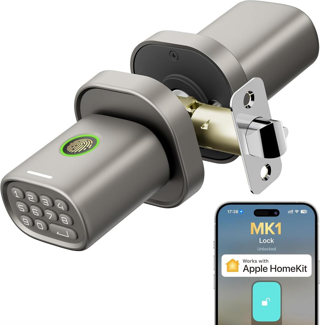 ThorBolt HomeKit Lock Over  Smart Fingerprint Lock with Keypad Door Knob, HomeKit Hub ,   for Interior Door, Bedroom, Office, MK1 Titanium