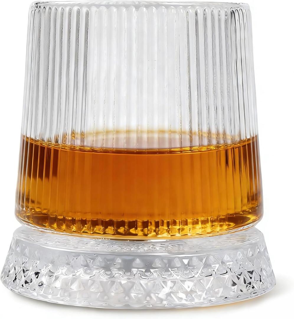Spinning Whiskey Glass, Crystal Cut Design Rotating Tumbler with Decorative Base (Vertical stripes)