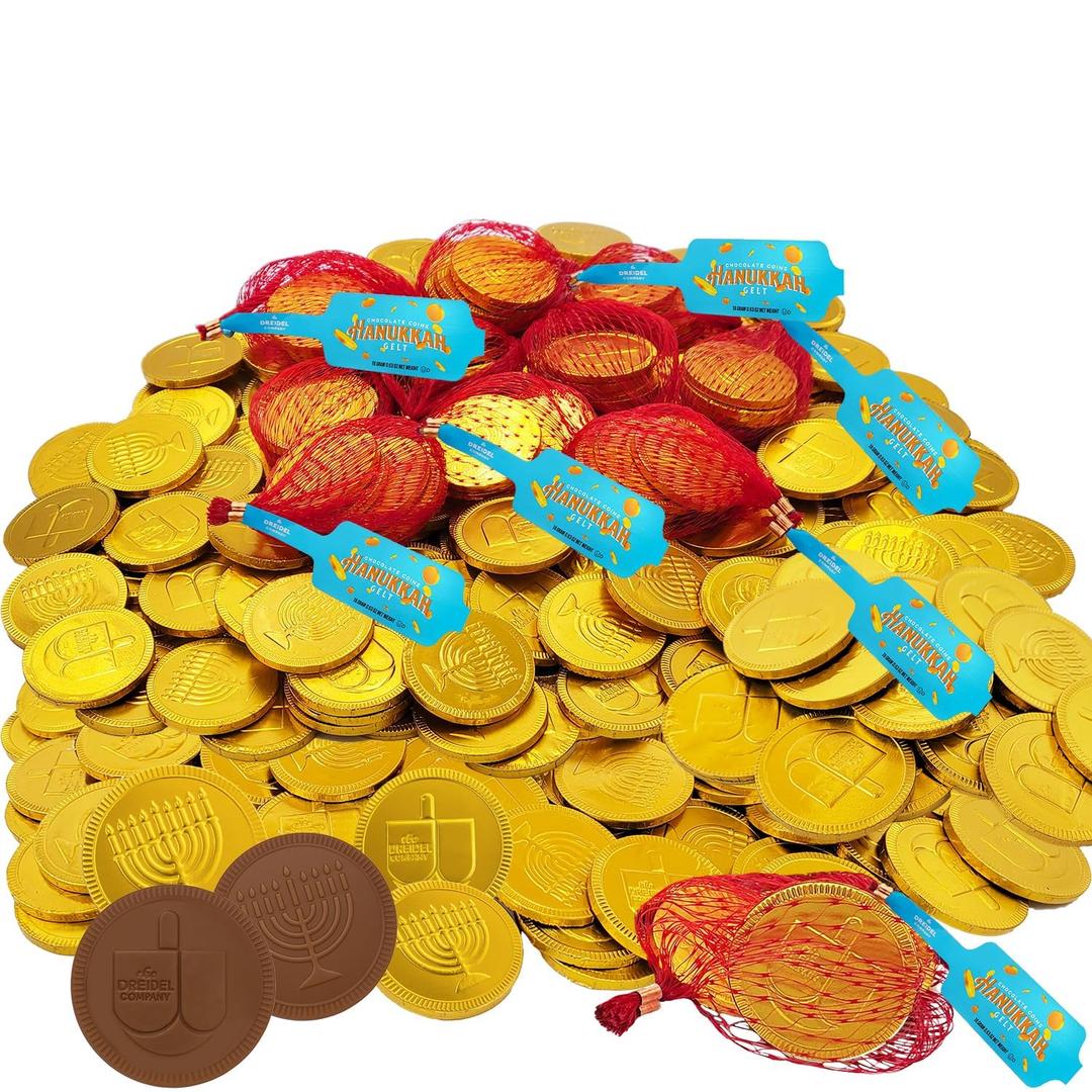 The Dreidel Company Hanukkah Chocolate Gelt Gold Coins 6-Mesh Bag, Chocolate Coins, Kosher Ou-D Certified Gelt (6 Mesh Bags) 4 Menorah and Dreidel Designed Coins Per Bag (EXP 01/01/27)