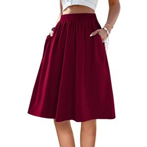 SOFIA'S CHOICE Women's Knee Length Skirt Elastic Waist A Line Flowy Midi Skirts with Pockets Wine Red Medium