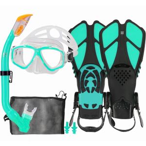 Kids Mask Fins Snorkel Set Snorkeling Packages, with Diving Mask, Snorkel, Adjustable Swim Fins, Mesh Bag, Anti-Fog Anti-Leak Snorkeling Gear for Kids for Snorkeling Swimming Diving (Green water)