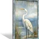 Coastal Heron Wooden Wall Art: Ocean Bird Framed Artwork Blue Sea Seascape Painting Beach Seashore Picture Egret Prints for Bathroom Bedroom Home Office (16L" x 11W")