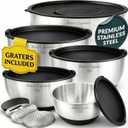 Baker's Signature Stainless Steel Mixing Bowls with Lids Set, 5 Sizes, 3 Graters, Non-Slip Base, Airtight Lids, Metal Mixing Bowls for Kitchen, Food Prep, Storage, 0.63QT-5QT, Black