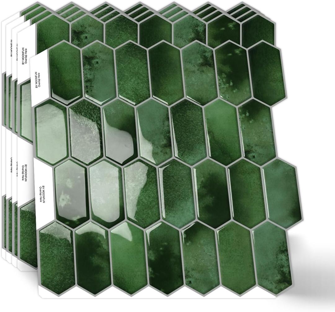 10-Sheet Long Hexagon Peel and Stick Kitchen Backsplash Tiles,3D Waterproof Self-Adhesive Wall Tile Stick on Backsplash for Kitchen, Bathroom, Fireplace,RV(Dark Green,12"12")
