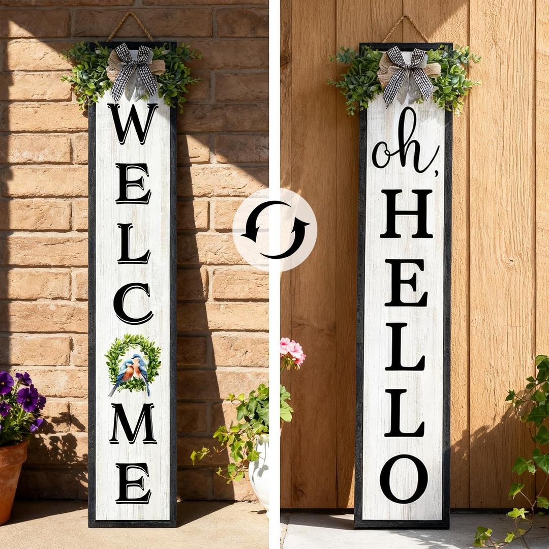 Double-Sided Welcome Porch Sign: 45 x 9 Inch Reversible Oh, Hello & Welcome Vertical Leaning Wood Sign with Removable Decorative Wreath Accent, Farmhouse Front Door Porch Decor, Black