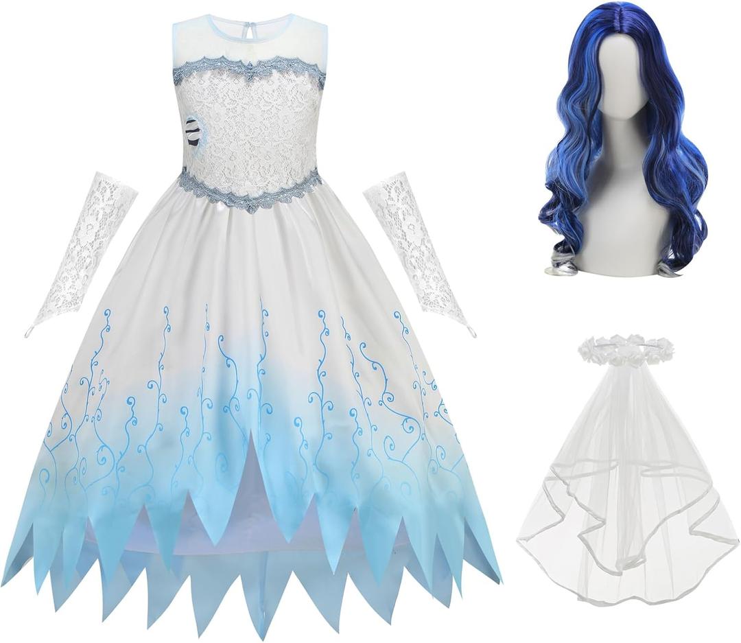 Zombie Bride Costume for Girls Halloween Dress up Outfits With Wigs and Hair Accessories (120(5-6T), White)