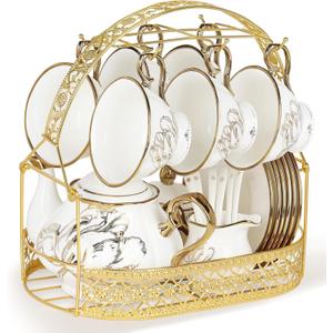 fanquare British Porcelain Tea Coffee Set 22 Piece New Bone China Gold Tulip Tea Service for Afternoon Tea, 6 TeaCup and Saucers with Metal Holder for Home Wedding Birthday