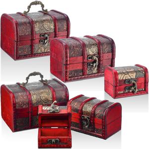 3 Pcs Wooden Treasure Chest Trinket Box Pirate Treasure Chest Box with Mini Metal Lock Decorative for Jewelry Keepsakes Home Decor, 3 Assorted Sizes